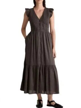 Quince Organic Textured Cotton Smocked V-Neck Midi Dress in Charcoal Size S